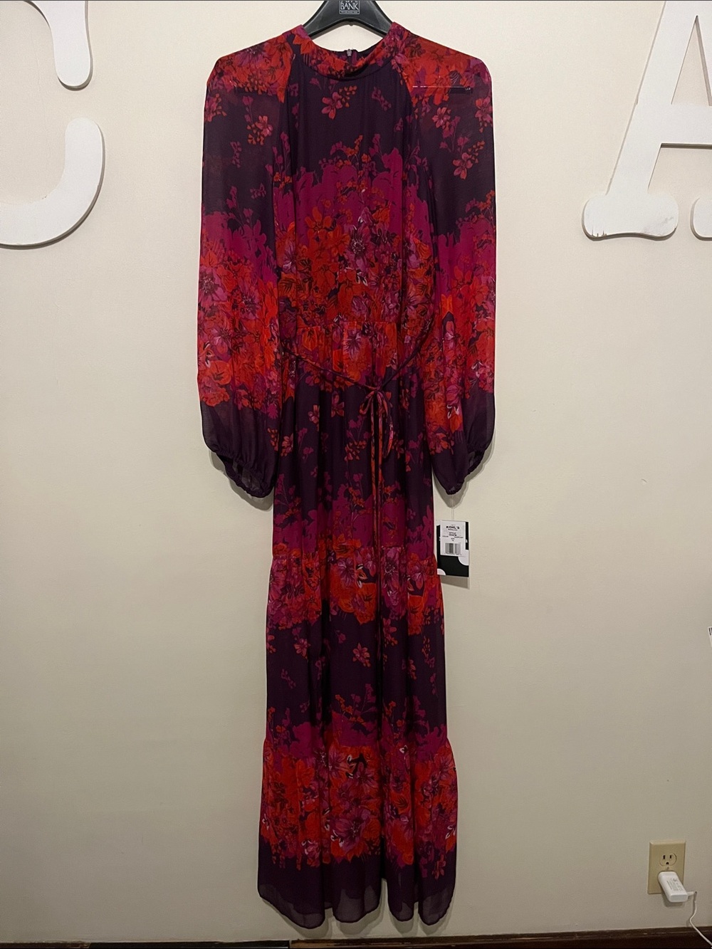 Floral Long Sleeve Maxi Dress in Eggplant and Cherry